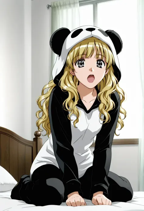 <lora:sarah_adiemus_ponyxl_v2:1>, 1girl, sadiemus, solo, grey eyes, blonde hair, long hair, wavy hair,
panda costume, standing, :o, open mouth, animal costume, panda hood,
on bed, curtains, sitting, wariza, full body,
score_9, score_8_up, score_7_up, score_6_up, anime coloring, (screencap:0.5), high quality, detailed, beautiful, shiny, outstanding, countershading, detailed soft lighting