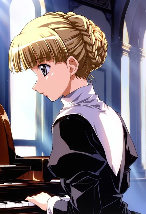 <lora:sarah_adiemus_ponyxl_v2:1>, sadiemus, solo, grey eyes, blonde hair, short hair, braided bun, french braid, single hair bun, sitting, on bench, playing piano, from side, profile, from behind,
nun, black dress, habit,
indoors, wooden wall,
score_9, score_8_up, score_7_up, score_6_up, anime coloring, official art, <lora:UrushiharaSatoshi_XL_PONY_V2:0.4>, <lora:lowlight:0.4>, light rays, (high quality, detailed, beautiful), shiny, outstanding, countershading, detailed soft lighting