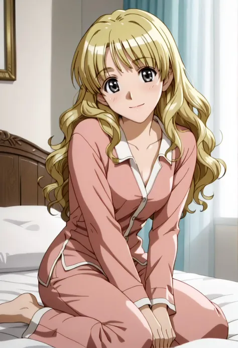 <lora:sarah_adiemus_ponyxl_v2:1>, 1girl, sadiemus, solo, grey eyes, blonde hair, long hair, wavy hair, smile, light blush, head tilt, looking at viewer,
pajamas, on bed, curtains, sitting, wariza, full body,
score_9, score_8_up, score_7_up, score_6_up, anime coloring, (screencap:0.8), high quality, detailed, beautiful, shiny, outstanding, countershading, detailed soft lighting