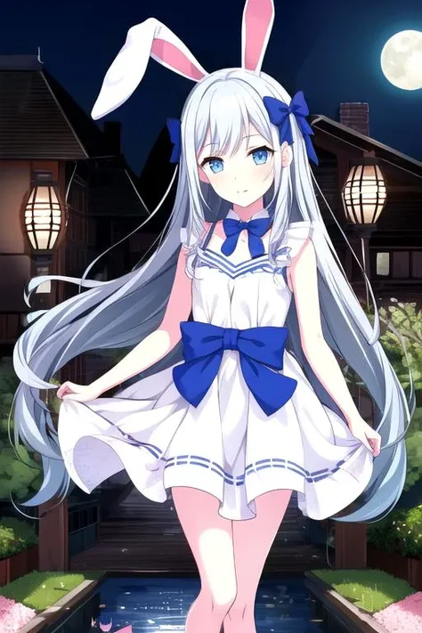 1girl, flat chest, blush, bare legs, bunny ears, bunny tail, dress, bow, moon, rabbit, moon rabbit, white dress, blue bow, blue eyes, long eyelashes, silver hair, long hair, pale skin, palace, moon, night, reflection, water, bridge, lantern, garden, lotus pond, cherry blossom, statue, courtyard, pavilion, staircase, celestial beings, golden throne, celestial clouds, divine light, celestial palace, masterpiece, best quality, official art, extremely detailed CG unity 8k wallpaper, artbook, yuzu-soft, kobuichi, muririn,