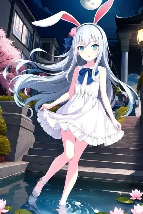 1girl, flat chest, blush, bare legs, bunny ears, bunny tail, dress, bow, moon, rabbit, moon rabbit, white dress, blue bow, blue eyes, long eyelashes, silver hair, long hair, pale skin, palace, moon, night, reflection, water, bridge, lantern, garden, lotus pond, cherry blossom, statue, courtyard, pavilion, staircase, celestial beings, golden throne, celestial clouds, divine light, celestial palace, masterpiece, best quality, official art, extremely detailed CG unity 8k wallpaper, artbook, yuzu-soft, kobuichi, muririn,