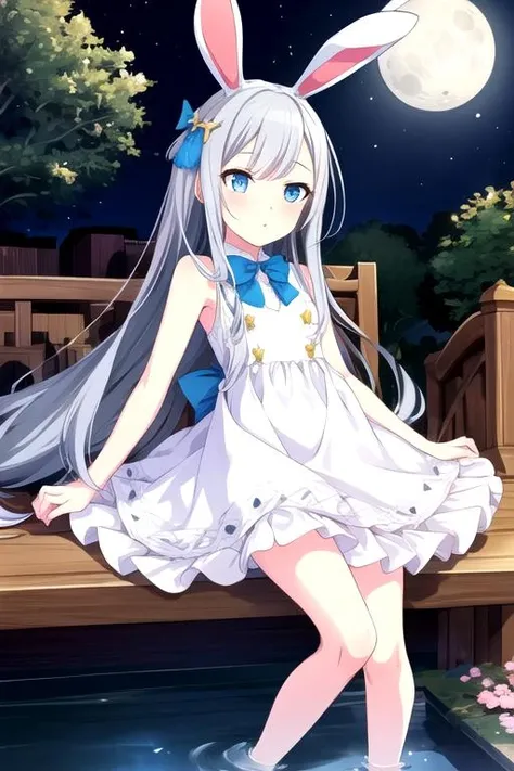 1girl, flat chest, blush, bare legs, bunny ears, bunny tail, dress, bow, moon, rabbit, moon rabbit, white dress, blue bow, blue eyes, long eyelashes, silver hair, long hair, pale skin, palace, moon, night, reflection, water, bridge, lantern, garden, lotus pond, cherry blossom, statue, courtyard, pavilion, staircase, celestial beings, golden throne, celestial clouds, divine light, celestial palace, masterpiece, best quality, official art, extremely detailed CG unity 8k wallpaper, artbook, yuzu-soft, kobuichi, muririn,