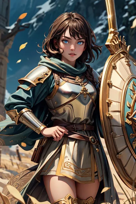 ((masterpiece)), 1girl, young , small breasts,  medieval, fantasy, wiking, nordic, war paint  wallpaper, official art, Greta, Shieldmaiden: Greta is a stoic and disciplined shieldmaiden, trained from a young age to fight and defend her people. Her short, brown hair is cropped close to her head, revealing a strong jawline and steady brown eyes. She wears a suit of polished plate armor, embossed with intricate patterns and designs that catch the light as she moves. In her hand, she grips a heavy tower shield, the surface dented and scarred from countless impacts. By her side, she carries a long, straight sword, the blade shining like a mirror.  with bellaramsey face , ((cat eyes)), ((vertical pupil)) BREAK, realistic, best quality, ultrasharp, ultradetailed, intricated details, , , vivid colors , full body shoot, strong shafows, deep of field , bokeh