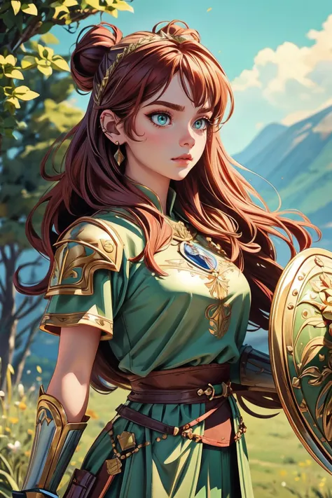 ((masterpiece)), 1girl, young , small breasts,  medieval, fantasy, wiking, nordic, war paint  wallpaper, official art, Fiona, Noble Shieldmaiden: Fiona is a noble shieldmaiden, hailing from a long line of warriors and heroes. Her long, auburn hair is tied back in a sleek bun, revealing a sharp jawline and piercing green eyes. She wears a suit of gleaming plate armor, embossed with intricate patterns and designs that reflect the sunlight. In her hand, she grips a heavy tower shield, the surface etched with the family crest and the edges sharp enough to slice through flesh. By her side, she carries a long, straight sword, the blade polished to a mirror shine.  with AM296_Ginger_Maxx face , ((cat eyes)), ((vertical pupil)) BREAK, realistic, best quality, ultrasharp, ultradetailed, intricated details, , , vivid colors , full body shoot, strong shafows, deep of field , bokeh