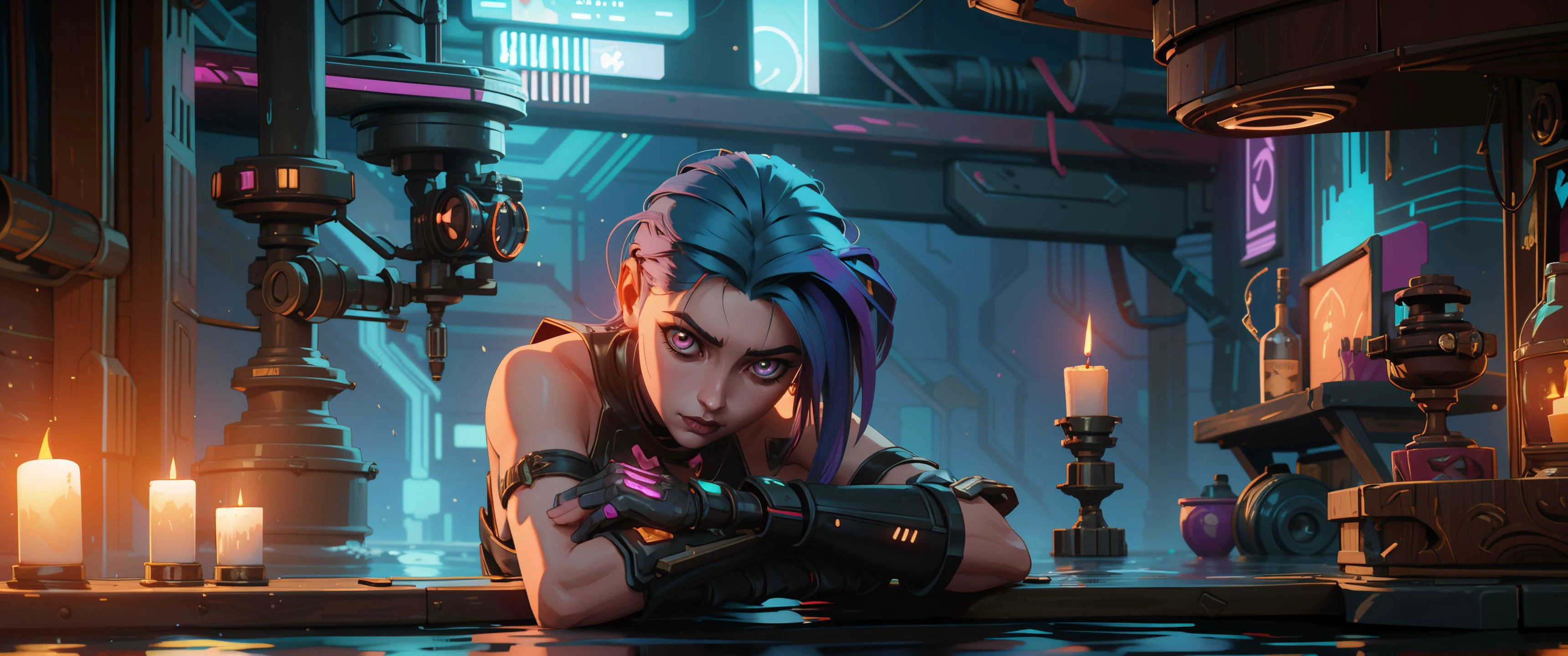 (cyberpunk:1.2), ChopioArcaneJinx, 1girl,mechanical parts,augmentations, cyborg, mechanical eyes, Sitting on a wooden dock, feet dipped in water, staring at the reflection with introspection., Candlelight for a warm and intimate ambiance (Candlelight)., Crosshatch, Symmetrical Photography <lora:41_ArcaneJinx:0.6>