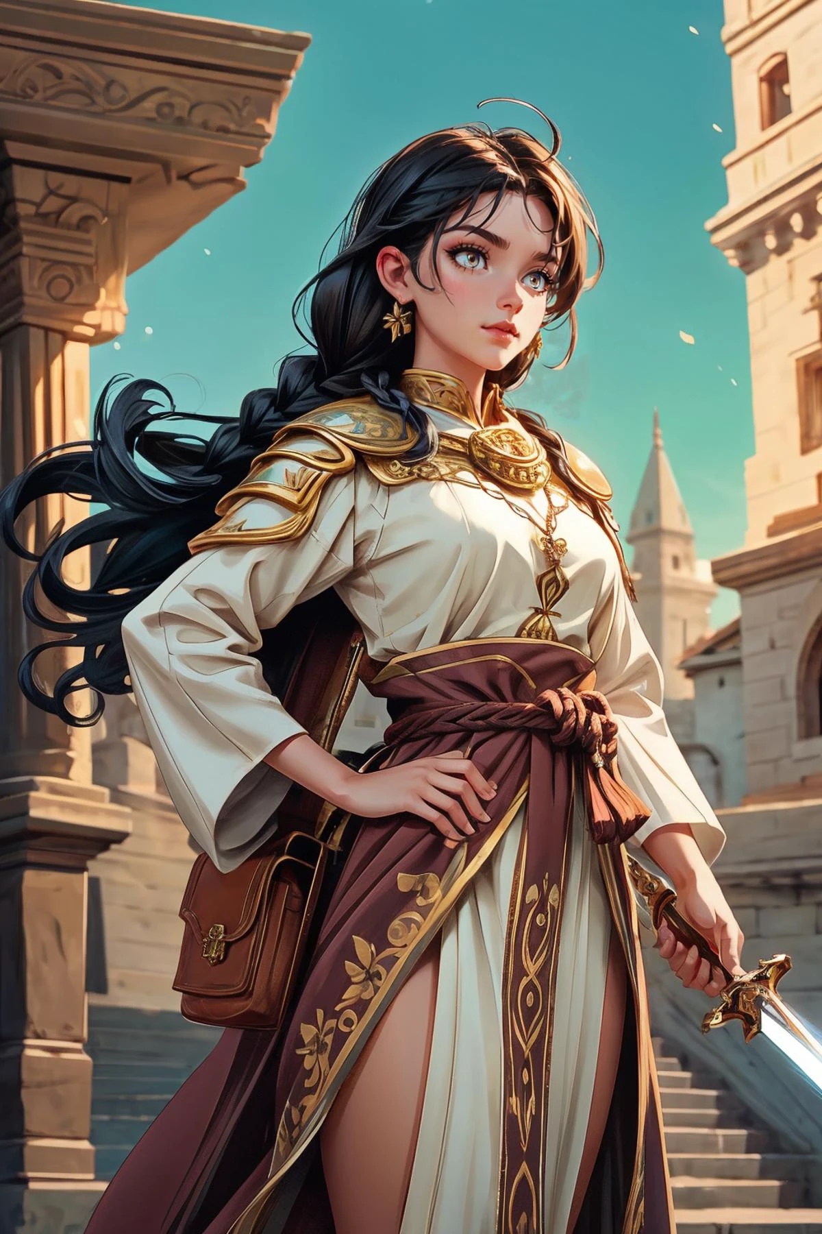 ((masterpiece)), 1girl, young , small breasts, medieval, fantasy, wiking, nordic, war paint wallpaper, official art, Laelia, The Two-Handed Sword Saint: Laelia is a skilled fighter, with a grace and agility that defies her size. She stands tall, with a proud posture and confident stride. Her skin is a warm cinnamon, and her eyes are a deep brown that seem to see through everything. She wears a suit of gleaming plate armor, embossed with intricate patterns and symbols that reflect the sunlight. In her hand, she grips a massive two-handed sword, the blade gleaming and sharp enough to cut through steel. Her long, black hair is tied back in a loose braid that falls over her shoulder. with futuralacylotus11960v52 face , ((cat eyes)), ((vertical pupil)) BREAK, realistic, best quality, ultrasharp, ultradetailed, intricated details, , , vivid colors , full body shoot, strong shafows, deep of field , bokeh
