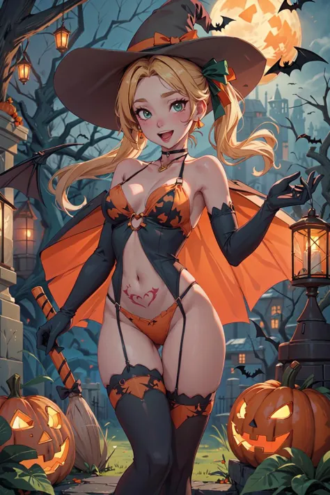 medium breasts, bat,  candy,  halloween,  halloween_bucket,  halloween_costume,  happy_halloween,  jack-o'-lantern,  pumpkin,  blonde_hair_ornament,  pumpkin_hat,  tattoo,  trick_or_treat,  witch_hat,  pubic_tattoo,  tombstone,  garter_straps, pasties,  thighhighs,  silk,  ghost_costume,  lollipop,  spider_web,  1girl,  vampire_costume,  bat_hair_ornament,  basketball,  food-themed_hair_ornament,  graveyard,  long_hair,  orange_ribbon,  heart_tattoo,  holding_vegetable,  broom,  candy_cane,  orange_choker,  bat_wings,  basket,  breasts,  solo,  candle,  food,  orange_bow,  open_mouth,  bat_print,  castle,  orange_panties,  black_legwear,  bow,  shoulder_tattoo,  orange_nails,  gloves,  twintails,  spider_web_print,  blonde_hair,  very_long_hair,  lantern,  grave,  charmander,  orange_legwear,  navel,  bare_tree,  smile,  orange_bowtie,  elbow_gloves,  cookie,  full_moon,  cape,  mini_witch_hat,  bridal_gauntlets, Blonde hair,  green eyes, <lora:EMS-46064-EMS:0.800000>