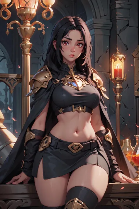 Highres,  best quality,  extremely detailed,  female paladin,  dark armor,  revealed belly,  black feathered cape,  short skirt,  red eyes,  Dark curvy long hair,  overlooking an army,  fantasy style,  area lighting,  hourglass_figure,  HD,  8k,  black hair, <lora:EMS-44663-EMS:0.800000>