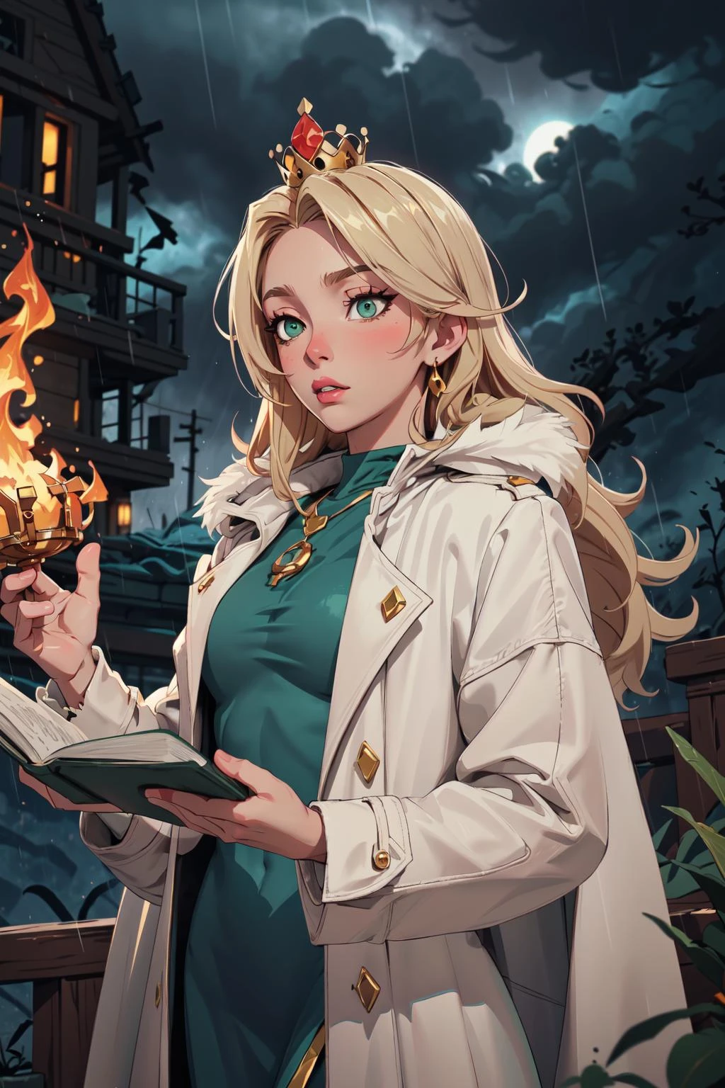 real, princess, crown, atmospheric scene, masterpiece, best quality, (detailed face, detail skin texture, ultra-detailed body), (cinematic light:1.1), (full Boddy)1:6, r0seb7rne-smf |
((1girl)), long blonde hair, (green eyes), long green dress, sorceress clothing, gold and white metal necklace, sexy body, upset facial expression, apocalyptic fantasy landscape, science fiction, cinematic blur, dynamic lights., witch, (black eye iris) green eyes, real, crown, white skin, magic wand in hand, book of curses in hand, fire and rain, storn, battlefield, torn dress, dark sky, green clouds, white and gold feather coat, big coat, elegant fur coat, withe coat, <lora:EMS-46064-EMS:0.800000>