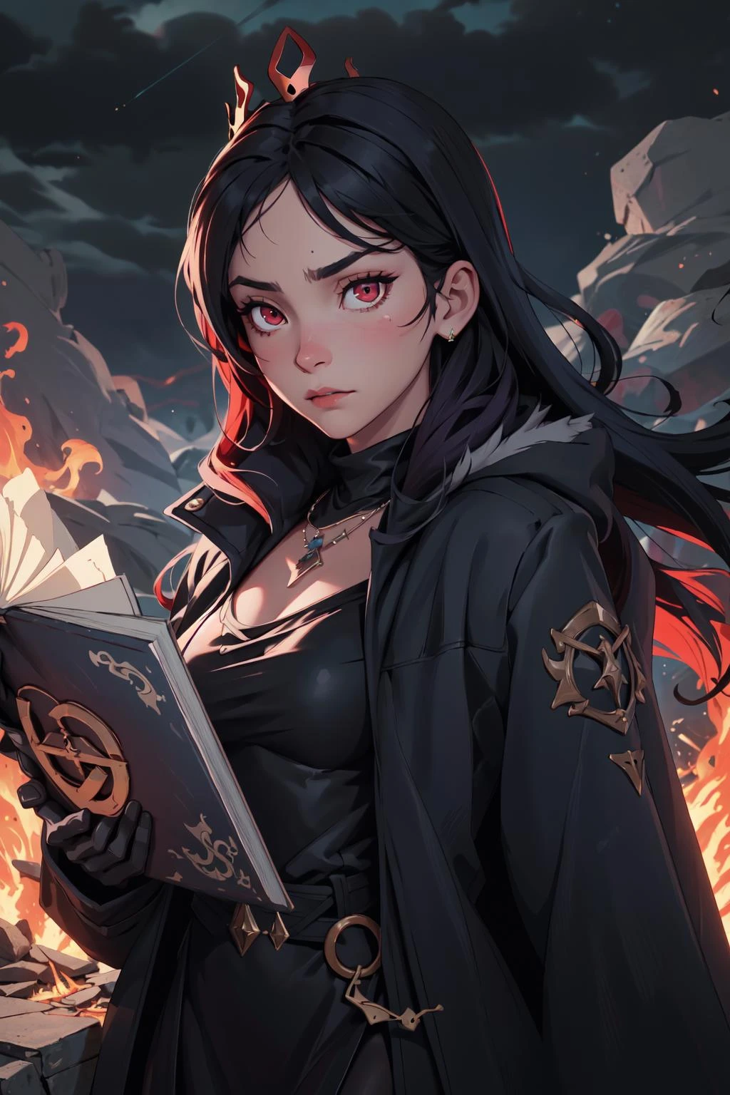 real, princess, crown, atmospheric scene, masterpiece, best quality, (detailed face, detail skin texture, ultra-detailed body), (cinematic light:1.1), r0seb7rne-smf |
((1girl)), long black hair, (red eyes), long black dress, sorceress clothing, black and red metal necklace, sexy body, upset facial expression, apocalyptic fantasy landscape, science fiction, cinematic blur, dynamic lights., witch, (black eye iris) red eyes, real, crown, white skin, muscular, magic wand in hand, book of curses in hand, fire, battlefield, torn dress, dark sky, purple clouds, black feather coat, big coat, elegant fur coat, black coat, <lora:EMS-44663-EMS:0.800000>