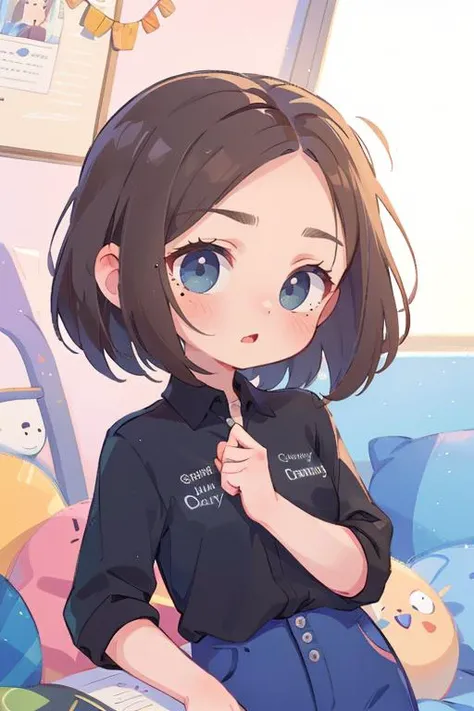 (masterpiece, best quality), 1girl, beautiful face, <lora:samsung_sam:1> samsung sam, black shirt, short hair, mole under eye, blue pants,
