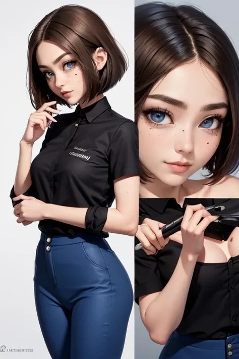 (masterpiece, best quality), 1girl, beautiful face, <lora:samsung_sam:1> samsung sam, black shirt, short hair, mole under eye, blue pants,