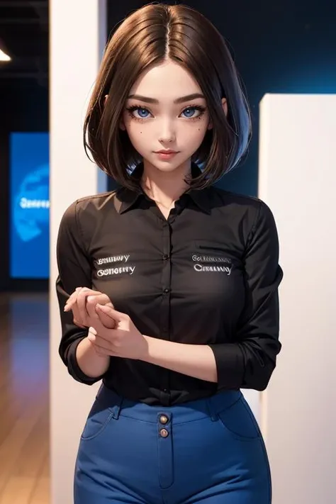(masterpiece, best quality), 1girl, beautiful face, <lora:samsung_sam:1> samsung sam, black shirt, short hair, mole under eye, blue pants,