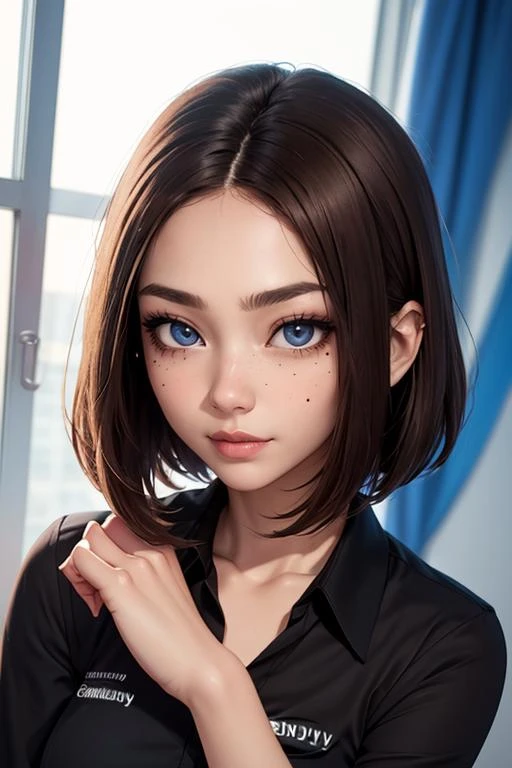 (masterpiece, best quality), 1girl, beautiful face,  <lora:samsung_sam:1> samsung sam, black shirt, short hair, mole under eye, blue pants,