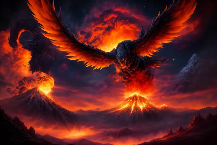 best quality, 8k, phoenix flying through the night sky, erupting volcano on background <lora:dan_mumford-18:0.3> danmumford_soul3142 <lora:add_detail:1>