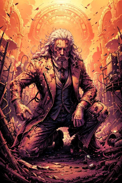 (masterpiece, best quality:1.2), solo, 1man, gloves, white hair, white gloves, coat, blood, facial hair, formal, suit, beard, single glove, one knee, mature male, danmumford_soul3142, <lora:dan_mumford-18:0.7>