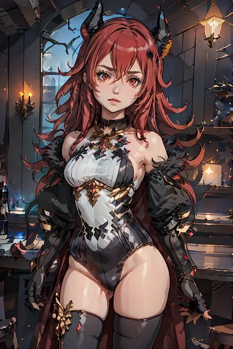 (masterpiece, best quality), 1girl, <lora:drakhan2:1> drakhandef, drakhan outerplane, thighhighs, bare shoulders,black thighhighs, leotard, fur trim,gauntlets