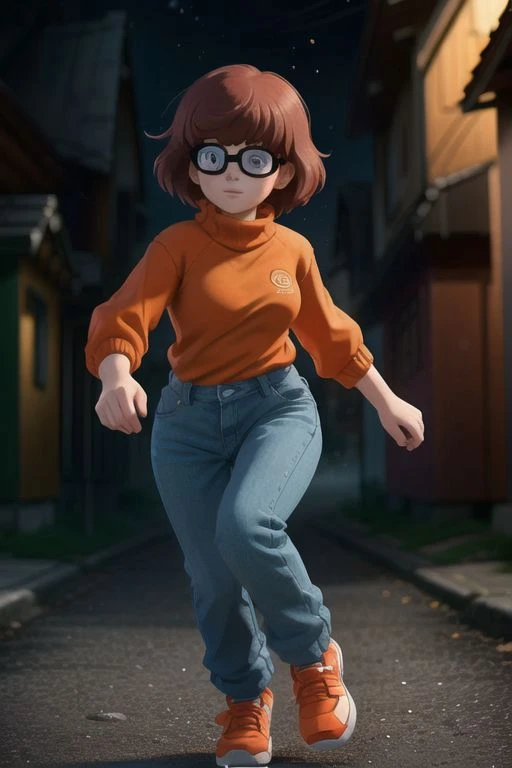 vlm woman, 2d cartoon, orange shirt, chasing a ghost, <lora:VelmaDogu:1> 80mm, 70mm, intricate details, shallow depth of field, volumetric fog, cinematic lighting, reflections, photographed on a Canon EOS R5, 50mm lens, F/2.8, HDR, 8k resolution,<lora:epiNoiseoffset_v2:1>