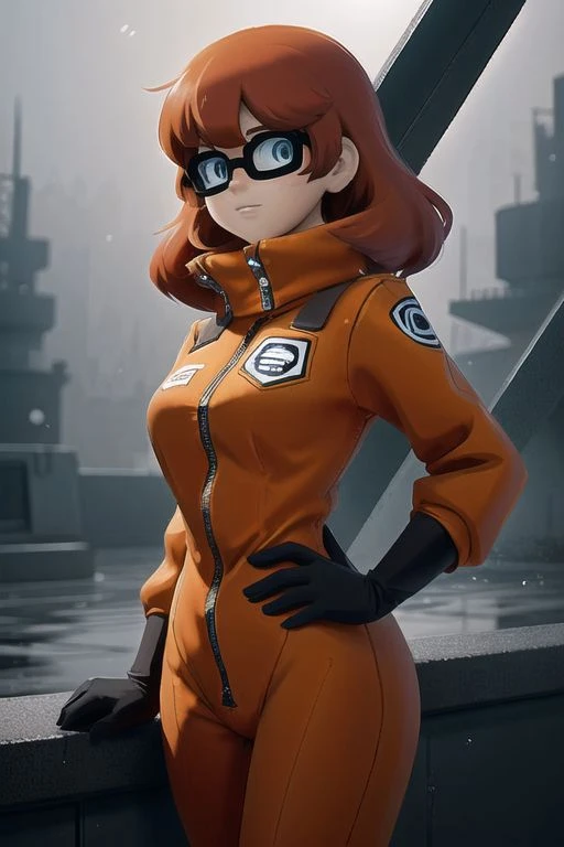 vlm woman, 2d cartoon, orange catsuit, falling from the sky, lr, <lora:VelmaDogu:1> 80mm, 70mm, intricate details, shallow depth of field, volumetric fog, cinematic lighting, reflections, photographed on a Canon EOS R5, 50mm lens, F/2.8, HDR, 8k resolution,<lora:epiNoiseoffset_v2:1>