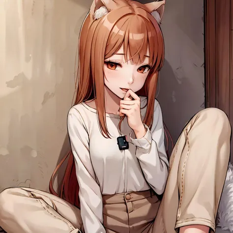 holo, wolf girl, Eyelet blouse with pastel-colored cropped pants, actions, auburn hair, small breasts, <lora:holov2:.9>, holov1, masterpiece