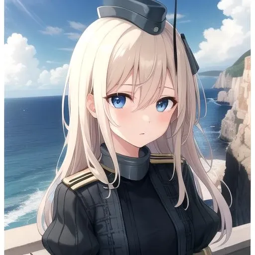 ((masterpiece)),(best quality),official art,extremely detailed CG,unity 8k wallpaper,ultra detailed,A lighthouse on a cliff by the sea,1girl,solo,upper body,(portrait:1.2),long_hair,hat,blonde_hair,garrison_cap,blue_eyes,cropped_jacket,puffy_sleeves,pantyhose,gloves,military_uniform,hair_between_eyes,black_dress,<lora:U511(kan)>,