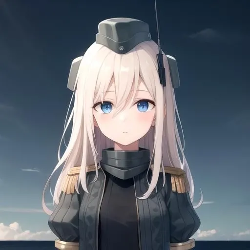 ((masterpiece)),(best quality),official art,extremely detailed CG,unity 8k wallpaper,ultra detailed,A lighthouse on a cliff by the sea,1girl,solo,upper body,(portrait:1.2),long_hair,hat,blonde_hair,garrison_cap,blue_eyes,cropped_jacket,puffy_sleeves,pantyhose,gloves,military_uniform,hair_between_eyes,black_dress,<lora:U511(kan)>,