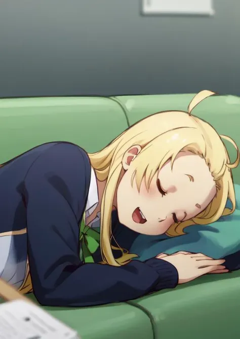 (masterpiece, best quality:1.2), extremely detailed, soft ambient lighting, sharp focus, 4K, BREAK <lora:collette-konobi:0.8>, 1girl, solo, collette, long blonde hair, ahoge, forehead, closed eyes, school uniform, grey skirt, navy blue jacket, green ribbon, white thigh highs, BREAK indoors, school classroom, lying on couch, sleeping on couch, happy, open mouth, snoring, side view