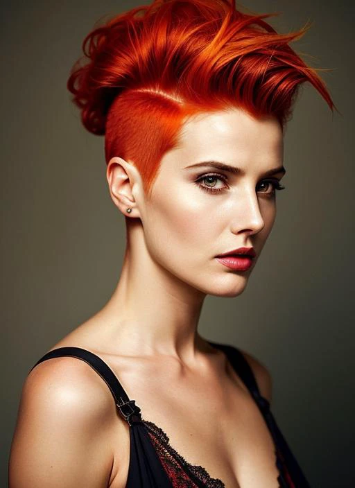 portrait of sks woman by Flora Borsi, style by Flora Borsi, bold, bright colours, orange Mohawk haircut, ((Flora Borsi)), <lora:locon_cobiesmulders_v1_from_v1_64_32:1>
