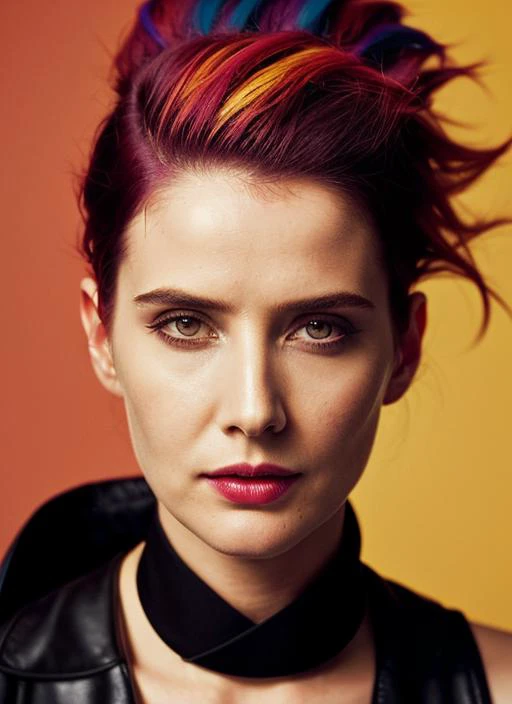 portrait of sks woman by Flora Borsi, style by Flora Borsi, bold, bright colours, rainbow Mohawk haircut, ((Flora Borsi)), <lora:locon_cobiesmulders_v1_from_v1_64_32:1>