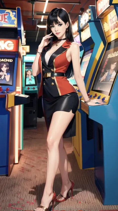 woman posing for a photo,good hand,4k,high-res,masterpiece,best quality,head:1.3,((Hasselblad photography)),finely detailed skin,sharp focus,(cinematic lighting),collarbone,night,soft lighting,dynamic angle,[:(detailed face:1.2):0.2],((full body:1)),1girl,
Sailor Mars with a gravure pose at a arcade  seated on a stool , in crowded decorated video game arcade with ((intricate detailed posters on the blue walls)), detailed video game screens displaying pixel graphics, ((many detailed arcade machines)), detailed joysticks, detailed skin  looking defiant at the viewer ready and waiting for sex,with a naughty smile,   ((Red:1.5) high heel ),   , red footwear.   <lora:Arcade:1> , arcade cabinet,  <lora:Sailor_Mars_hino_rei:0.6>  purple eyes, black hair,smiling,excited,red high heels, very long hair, parted bangs,  <lora:edgPencilDress_MINI:1> edgpdress, pencil dress,  a woman wearing a black edgpdress, with an open green blazer,gold belt