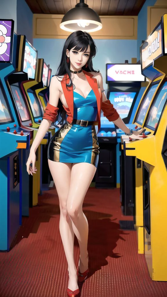 woman posing for a photo,good hand,4k,high-res,masterpiece,best quality,head:1.3,((Hasselblad photography)),finely detailed skin,sharp focus,(cinematic lighting),collarbone,night,soft lighting,dynamic angle,[:(detailed face:1.2):0.2],((full body:1)),1girl,
Sailor Mars with a gravure pose at a arcade  seated on a stool , in crowded decorated video game arcade with ((intricate detailed posters on the blue walls)), detailed video game screens displaying pixel graphics, ((many detailed arcade machines)), detailed joysticks, detailed skin  looking defiant at the viewer ready and waiting for sex,with a naughty smile,   ((Red:1.5) high heel ),   , red footwear.   <lora:Arcade:1> , arcade cabinet,  <lora:Sailor_Mars_hino_rei:0.6>  purple eyes, black hair,smiling,excited,red high heels, very long hair, parted bangs,  <lora:edgPencilDress_MINI:1> edgpdress, pencil dress,  a woman wearing a black edgpdress, with an open green blazer,gold belt