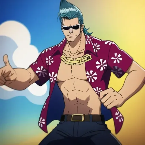 1boy, Franky, sunglasses, angry, action pose, punch, Hawaiian shirt, explosions, open shirt, gold chain <lora:Franky:0.6>