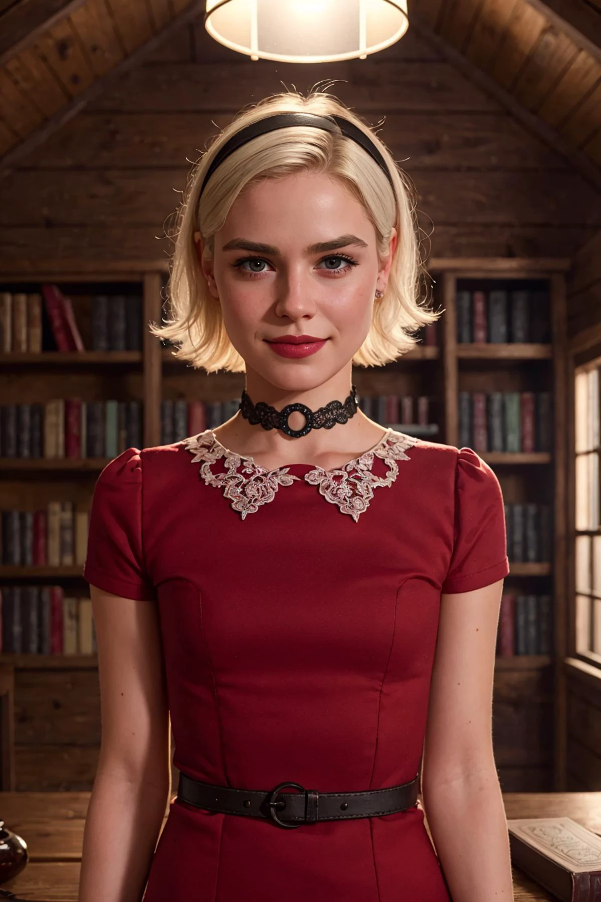 (masterpiece, best quality, soft lighting, intricate details:1.2), dimly-lit room, dark, séance, <lora:SabrinaSD1.5:0.9> ((close up, portrait shot), sabrina standing with her arms behind her back, 18yo, realistic, photorealistic, smile, looking at viewer, short hair, (white hair, dark eyebrows), wide-eyed, blush, kid, choker, black hairband, red dress), 18yo girl, (cute, petite, small body:1.3), depth of field, table full of potions, smoke, ancient spell books, bookshelf, cobwebs, cabin in the woods, solo focus