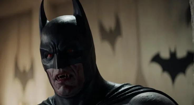 cinematic film still of Cinematic Film stock footage in (arri alexa style) Kodak film print, <lora:Batman Vampire:1> <lora:Vampire-000003:1> Batman Vampire a drawing of a batman mask with a creepy look and vampire fangs, shallow depth of field, vignette, highly detailed, high budget, bokeh, cinemascope, moody, epic, gorgeous, film grain, grainy