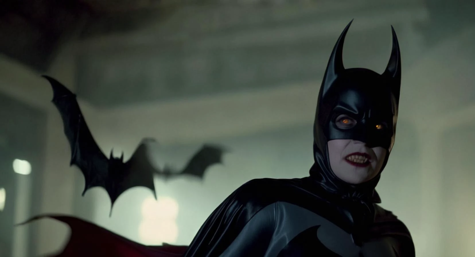 cinematic film still of Cinematic Film stock footage in (arri alexa style) Kodak film print, <lora:Batman Vampire:1> <lora:Vampire-000003:1> female Batman Vampire a woman in a bat costume and vampire fangs, shallow depth of field, vignette, highly detailed, high budget, bokeh, cinemascope, moody, epic, gorgeous, film grain, grainy