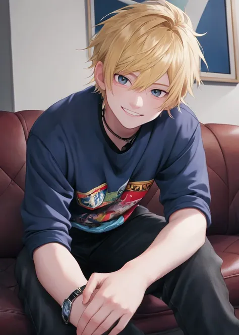 1boy, (blonde hair) (smile:0.992),punk fashion,(angle, face close-up:1.2) (indoor, navy couch, ) (background blurry:1.4)