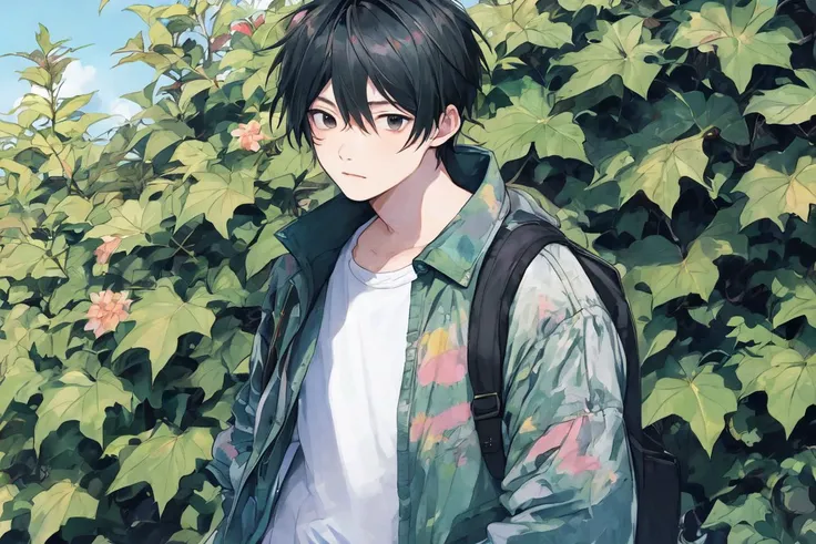 1boy,outdoors,summer, a man with a jacket on and a jacket on and a jacket on his shoulder and a jacket on his shoulder and a jacket on his shoulder, (a manga drawing:0.283)(male_focus:0.970),(1boy:0.958), (solo:0.883), (black_eyes:0.847), (short_hair:0.762), (jacket:0.705), (face:0.692), (plant:0.656)
