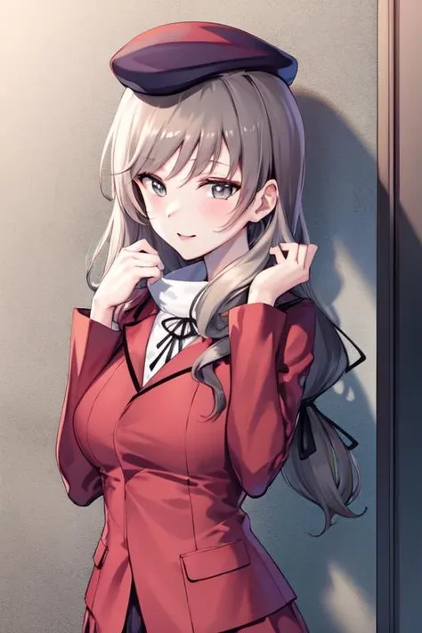 (masterpiece), (best quality),<lora:shimada_chiyo-20:1>,shimada_chiyo,long hair,bang hair,from front,(looking at viewer),school uniform,beret