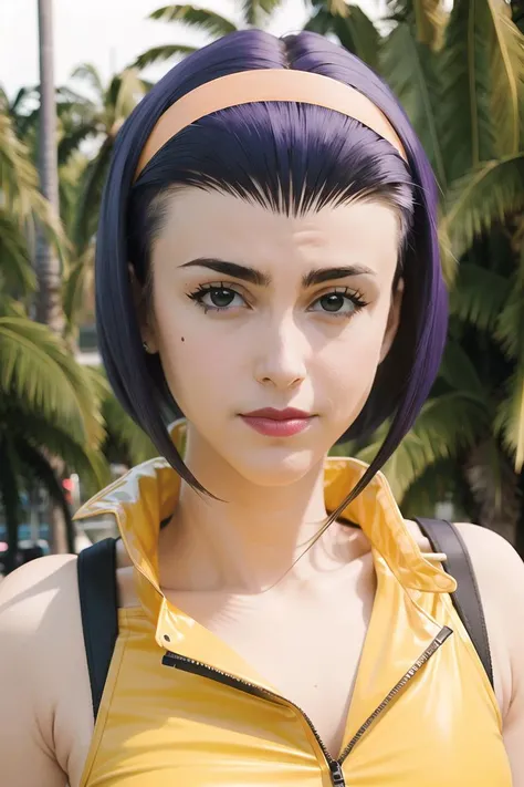 masterpiece, (photorealistic:1.4), best quality, beautiful lighting,FayeCB, solo, hairband, makeup, yellow_hairband, black_eyes, bare_shoulders, jacket, shirt, upper_body, yellow_shirt, sleeveless, RAW photo, 8k uhd, film grain, <lora:FayeCB:1.2>