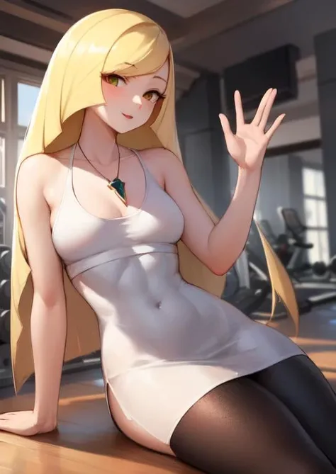 (masterpiece, best quality:1.2), extremely detailed, soft ambient lighting, sharp focus, 4K, BREAK <lora:lora:1>, Lusamine, 1girl, white dress, chest gem, black leggings, medium breasts, BREAK indoors, gym, looking at viewer, inviting, waving