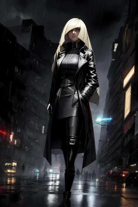 <lora:LusaminePokemon0:1>, watercolor, mechcanicalpunk, dystopian, futuristic, dark sky, raining, clouds, smog, trenchcoat, hands in pockets, dark, lusamine [pokemon], 1girl, focused expression, nice hands, perfect hands, black gloves, <lora:GoodHands-vanilla:1>