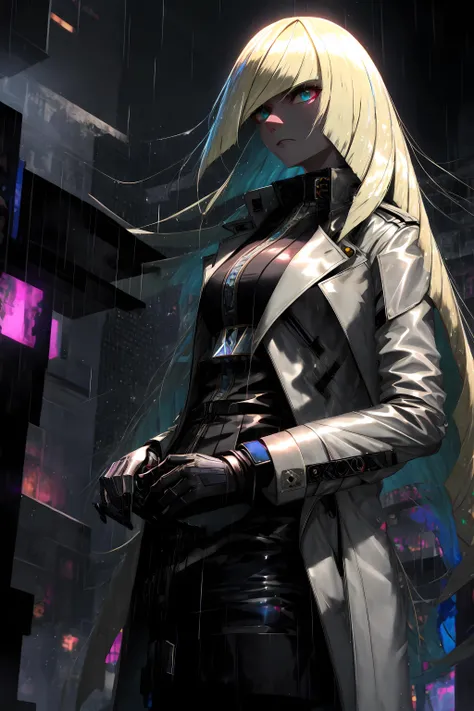 <lora:LusaminePokemon0:1> watercolor, mechcanicalpunk, dystopian, futuristic, dark sky, raining, clouds, smog, trenchcoat, hands in pockets, dark, lusamine [pokemon], 1girl, focused expression, nice hands, perfect hands, <lora:GoodHands-vanilla:1>,  <lora:beautifulDetailedEyes_v10:1>