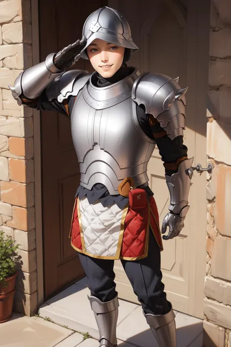 masterpiece, best quality, gatekeeper, helmet, full armor, gauntlets, armored boots, large metal gate, salute, smile <lora:gatekeeper-nvwls-v1-000012:0.9>