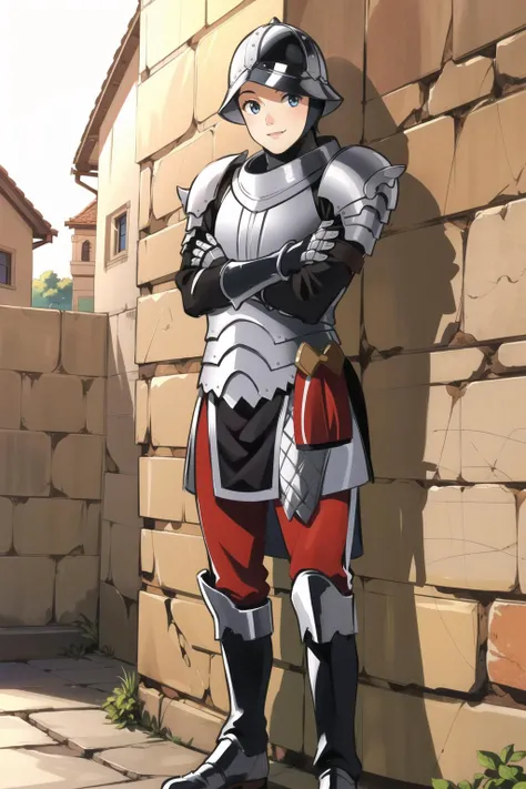 masterpiece, best quality, gatekeeper, helmet, full armor, gauntlets, armored boots, portcullis, crossed arms, smile <lora:gatekeeper-nvwls-v1-000012:0.9>