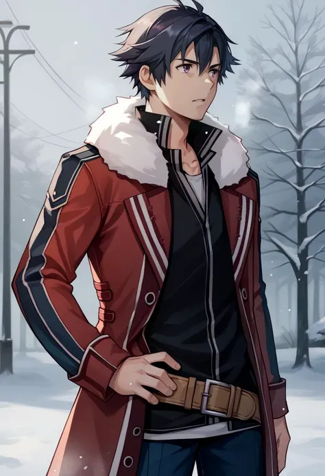 score_9, score_8_up, score_7_up, source_anime BREAK 1boy, solo, male focus, <lora:rean-pdxl-nvwls-v1:0.9> sen2rean, black hair, red jacket, fur trim, black shirt, brown belt, blue pants, parted lips, standing, outdoors, winter, snow, cold, hand on hip, hand