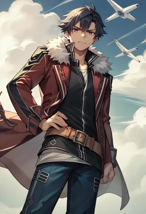 score_9, score_8_up, score_7_up, source_anime, 1boy, solo, serious, <lora:rean-pdxl-nvwls-v1:1> sen2rean, black hair, red jacket, fur trim, black shirt, brown belt, blue pants, hand on hip, airship, sky, cloud