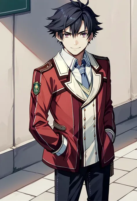 score_9, score_8_up, score_7_up, source_anime BREAK 1boy, solo, male focus, <lora:rean-pdxl-nvwls-v1:0.9> sen1rean, black hair, school uniform, red blazer, necktie, black pants, outdoors, standing, hands in pockets, looking at viewer, smile