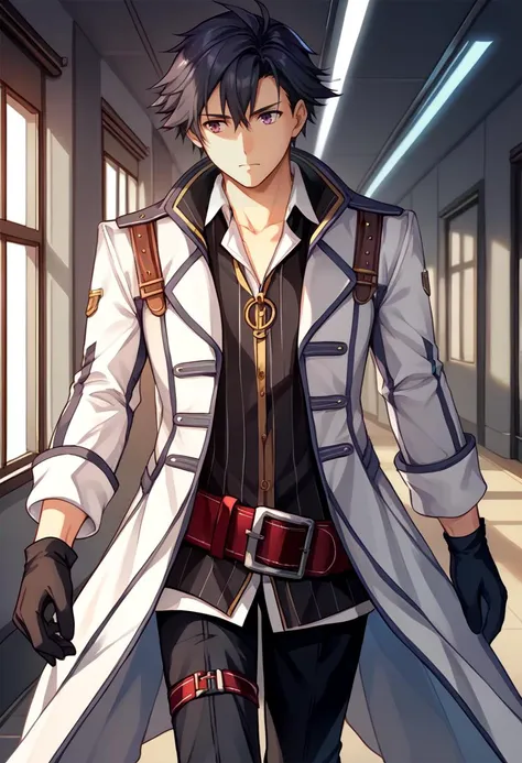 score_9, score_8_up, score_7_up, source_anime BREAK 1boy, solo, male focus, <lora:rean-pdxl-nvwls-v1:0.9> ssen3rean, black hair, white coat, black shirt, black gloves, thigh strap, red belt, black pants, indoors, science fiction, hallway, walking