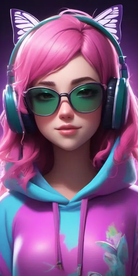 Masterpice,High Quality,portrait,3d,3d animation,
<lora:PE_ButterflyLady:0.7> PEButterflyLady,
wearing a hoodie,headphones,sunglasses,