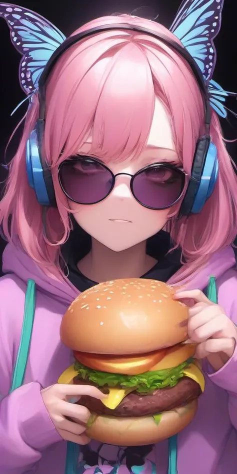 Masterpice,High Quality,portrait,anime,
<lora:PE_ButterflyLady:0.7> PEButterflyLady,
wearing a hoodie,headphones,sunglasses,eating a hamburger